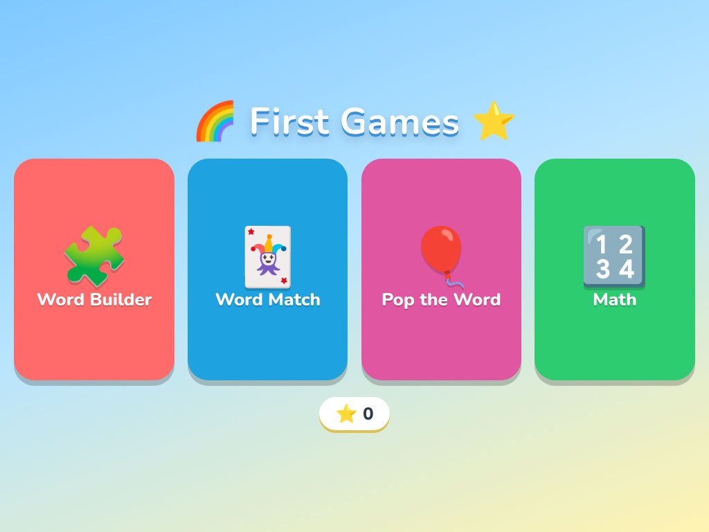 The First Games menu with four games: Word Builder, Word Match, Pop the Word, and Math