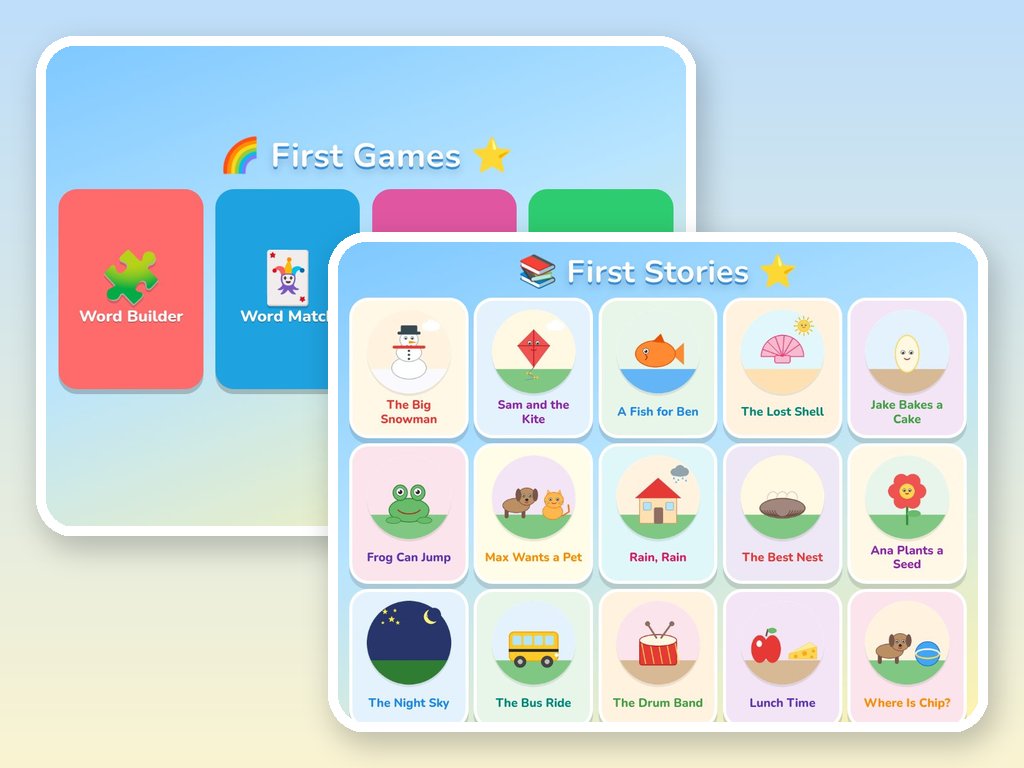 The First Games menu and the First Stories book shelf