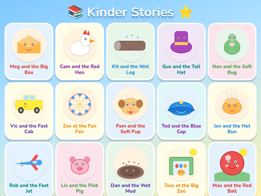 The Kinder Stories book shelf with rows of colorful picture book covers, such as Meg and the Big Box and Cam and the Red Hen